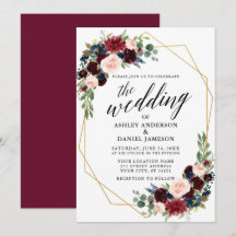 Calligraphy Burgundy Blue Geometric Gold Wedding