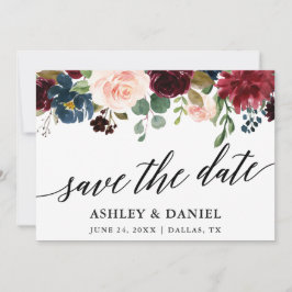 Calligraphy Burgundy Blue Save the Date Card Dankeskarte