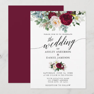 Calligraphy Burgundy Blumengrün Hochzeit Einladung
