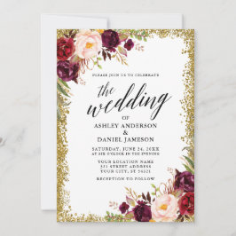 Calligraphy Burgundy Floral Gold Glitzer Wedding Einladung