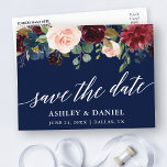 Calligraphy Burgundy Floral Save the Date Blue Postkarte<br><div class="desc">Moderne elegante Kalligraphie,  Watercolor Burgundy Blue Floral Wedding Save the Date Postcard</div>