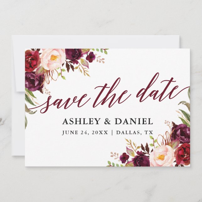 Calligraphy Burgundy Floral Save the Date Card Dankeskarte (Vorderseite)