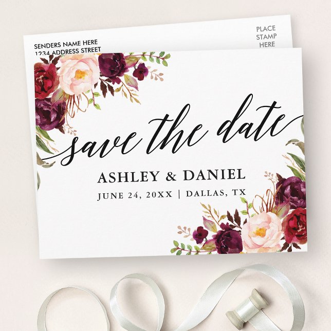 Calligraphy Burgundy Floral Save the Date Postkarte (Customize to change your personalized text size or text style.)