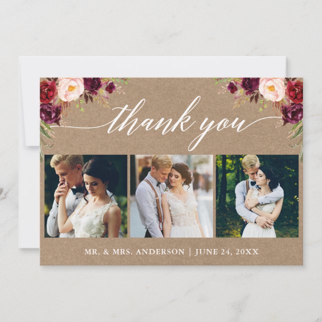 Calligraphy Burgundy Floral Wedding 3 Foto Kraft Dankeskarte (Vorderseite)