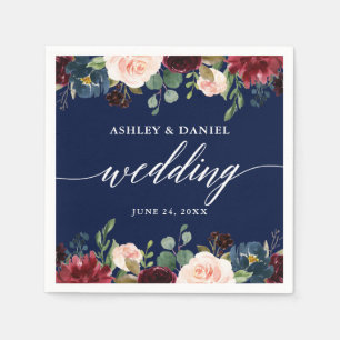 Calligraphy Burgundy Floral Wedding Blue Serviette