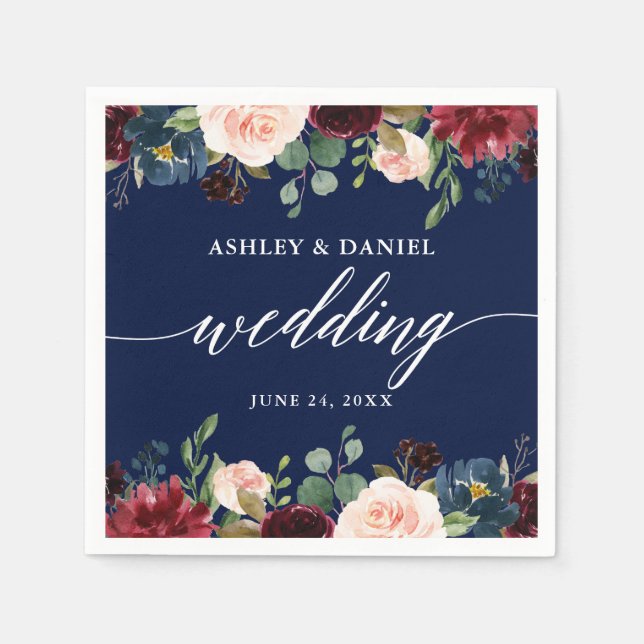 Calligraphy Burgundy Floral Wedding Blue Serviette (Vorderseite)