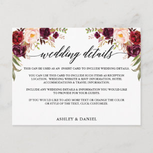 Calligraphy Burgundy Floral Wedding Details Card Einladungspostkarte