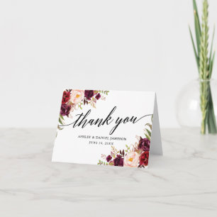 Calligraphy Burgundy Floral Wedding Note Dankeskarte