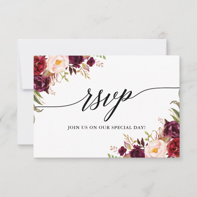 Calligraphy Burgundy Floral Wedding RSVP Meetingka (Vorderseite)