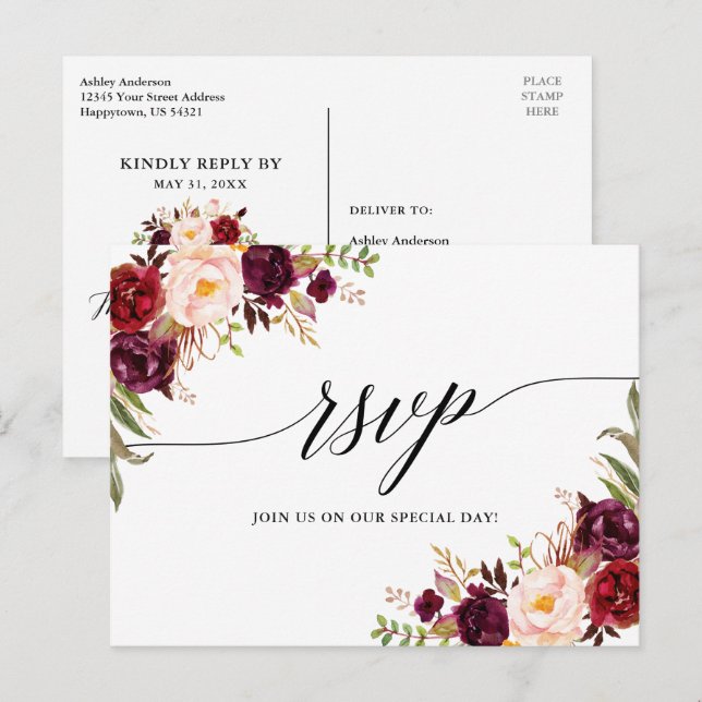 Calligraphy Burgundy Floral Wedding RSVP Postkarte (Vorne/Hinten)