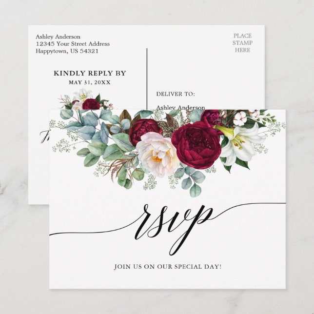 Calligraphy Burgundy Floral Wedding RSVP Postkarte (Vorne/Hinten)
