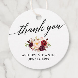 Calligraphy Burgundy Floral Wedding Vielen Dank Geschenkanhänger