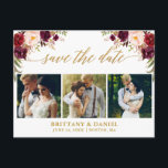 Calligraphy Burgundy Save the Date 3 Foto Gold Ankündigungspostkarte<br><div class="desc">Moderne Kalligraphie Script,  Watercolor Burgundy Marsala Floral,  Save the Date Verlobung Ankündigung Paar 3 Foto Postkarte</div>