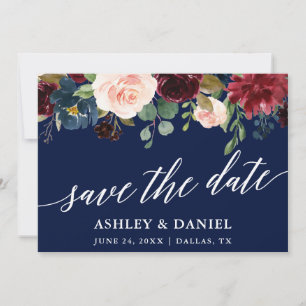 Calligraphy Burgundy Save the Date Blue Card Dankeskarte