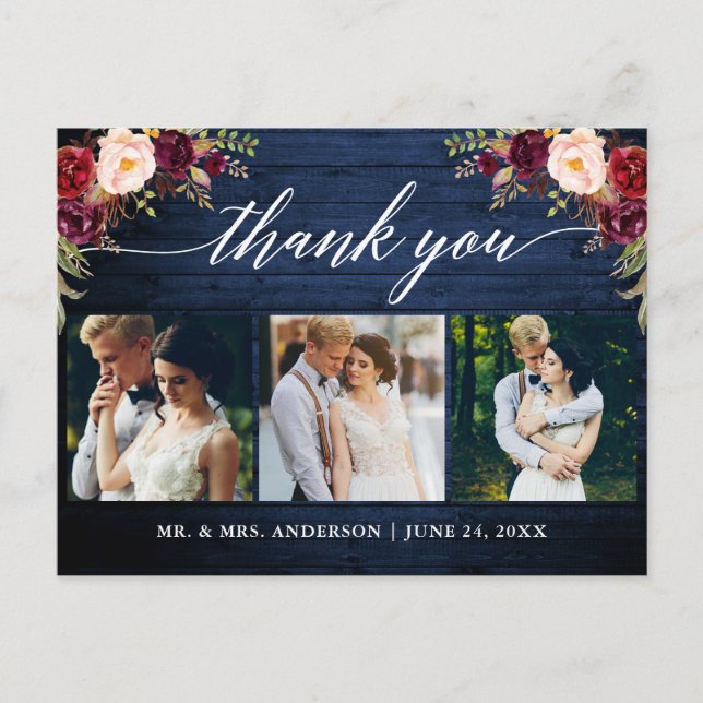 Calligraphy Burgundy Wedding Blue Wood Vielen Dank Postkarte (Vorderseite)