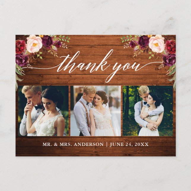 Calligraphy Burgundy Wedding Foto Wood Vielen Dank Postkarte (Vorderseite)