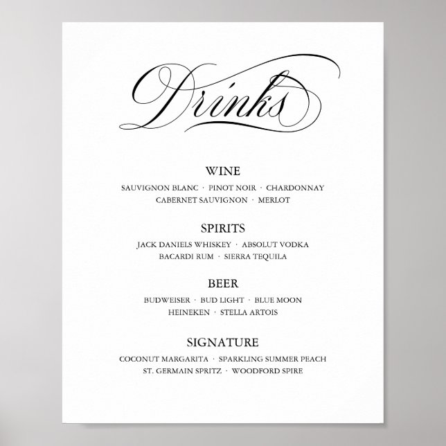 Calligraphy Classic Elegant Wedding Bar Menu Sign Poster (Vorne)