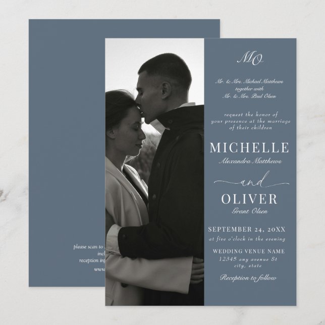 Calligraphy Classic Foto QR Code Elegante Hochzeit Einladung (Vorne/Hinten)