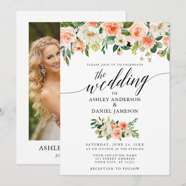 Calligraphy Coral Floral Foto Wedding Einladung (Vorne/Hinten)