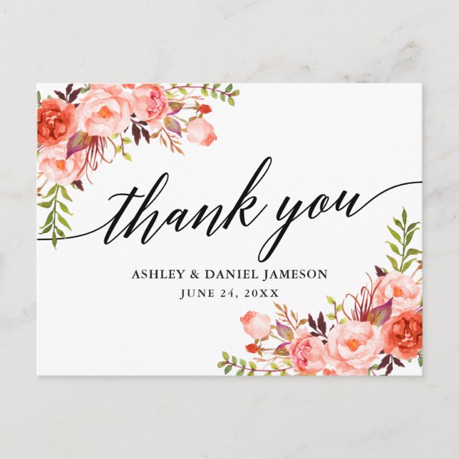 Calligraphy Coral Floral Wedding Vielen Dank Postkarte (Vorderseite)