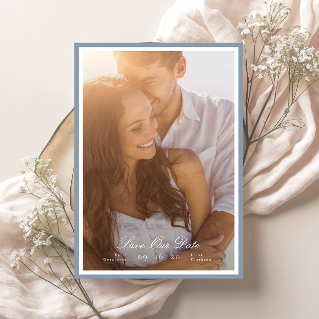 Calligraphy Dusty Blue Gerahmt Classic Foto Save The Date (Von Creator hochgeladen)