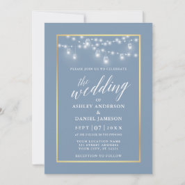 Calligraphy Dusty Blue Jar Lights Gold Wedding Einladung