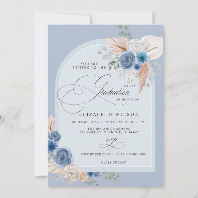 Calligraphy Dusty Blue Pampas Foto Abschluss Einladung (Vorderseite)