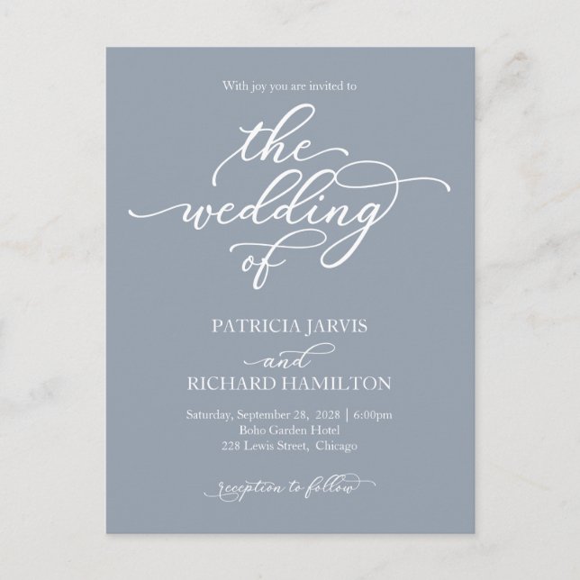 Calligraphy Dusty Blue Wedding Einladung Postkarte (Vorderseite)