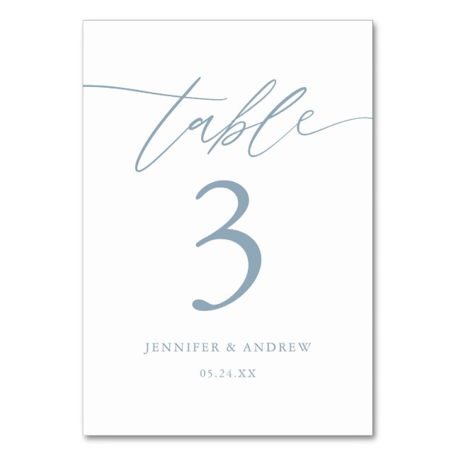 Calligraphy Dusty Blue Wedding Table Cards Tischnummer (Vorderseite)