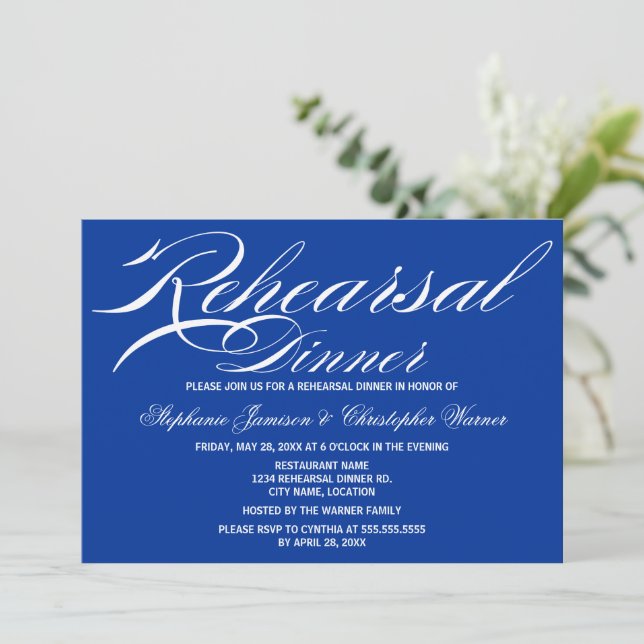 Calligraphy Elegance Royal Blue Probe Dinner Einladung (Stehend Vorderseite)