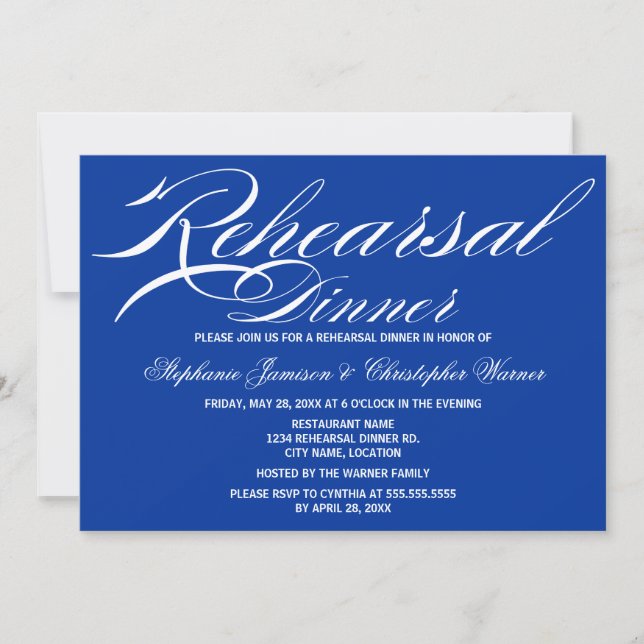 Calligraphy Elegance Royal Blue Probe Dinner Einladung (Vorderseite)