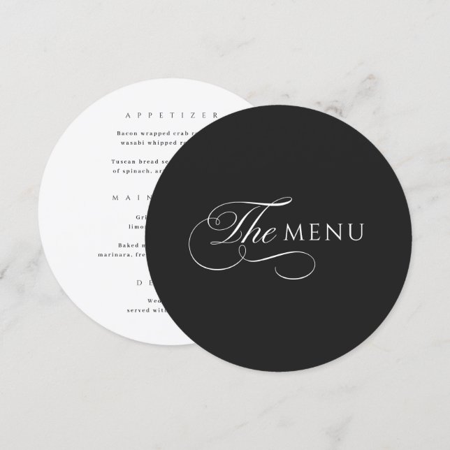 Calligraphy Elegant Circle Black Wedding Menu Menükarte (Vorne/Hinten)