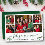 Calligraphy Feliz Ano Nuevo 5 Foto Holly Green Feiertagskarte<br><div class="desc">Modernes Kalligrafie Script 5 Foto Familienfoto Collage Feliz Ano Nuevo Happy New Year Card beinhaltet Watercolor Christmas Holries - Grüne Schrift</div>