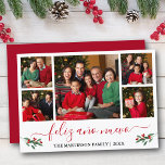 Calligraphy Feliz Ano Nuevo 5 Foto Red Holly Feiertagskarte<br><div class="desc">Modernes Kalligrafie Script 5 Foto Familienfoto Collage Feliz Ano Nuevo Happy New Year Card beinhaltet Watercolor Christmas Holries - Rote Schrift</div>