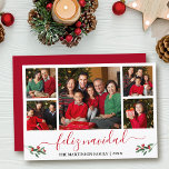 Calligraphy Feliz Navidad 5 Foto Red Holly Feiertagskarte<br><div class="desc">Modern Calligraphy Script 5 Foto Family Foto Collage Feliz Navidad Die Weihnachtskarte enthält Watercolor Christmas Holly Berries - Red Script</div>