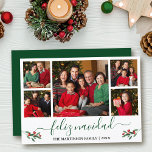 Calligraphy Feliz Navidad 5 Foto Red Holly Green Feiertagskarte<br><div class="desc">Modern Calligraphy Script 5 Foto Family Foto Collage Feliz Navidad Die Weihnachtskarte enthält Watercolor Christmas Red Holly Berries - Green Script</div>