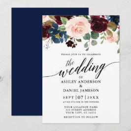 Calligraphy Floral Burgundy Blue Pink Wedding Einladung