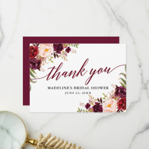 Calligraphy Floral Burgundy Brautparty Dankeskarte