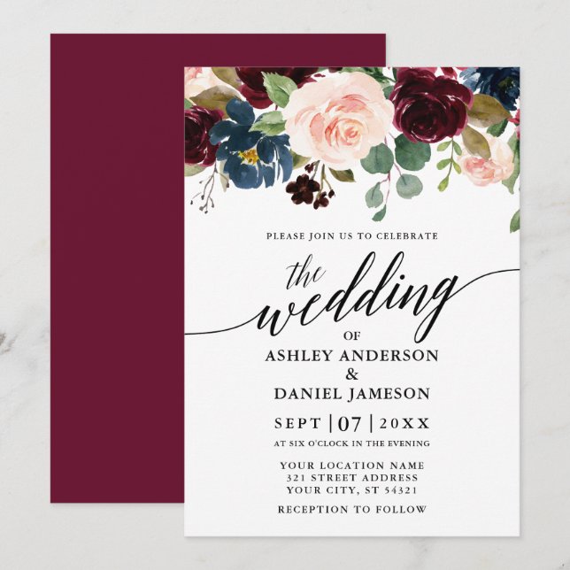 Calligraphy Floral Burgundy Pink Blue Wedding Einladung (Vorne/Hinten)