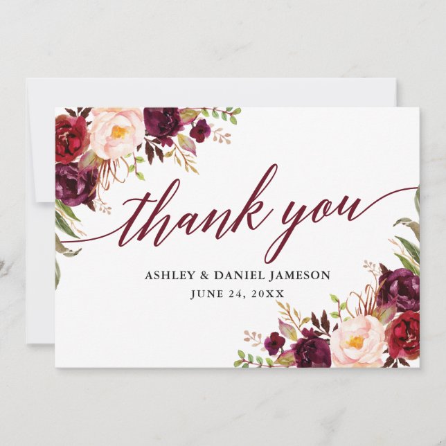 Calligraphy Floral Burgundy Wedding Dankeskarte (Vorderseite)
