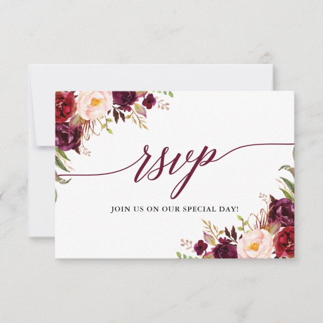 Calligraphy Floral Burgundy Wedding RSVP Meetingka (Vorderseite)