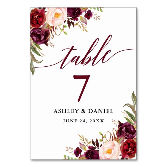 Calligraphy Floral Burgundy Wedding Tischnummer (Vorderseite)