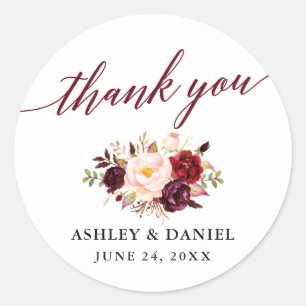 Calligraphy Floral Burgundy Wedding Vielen Dank Runder Aufkleber