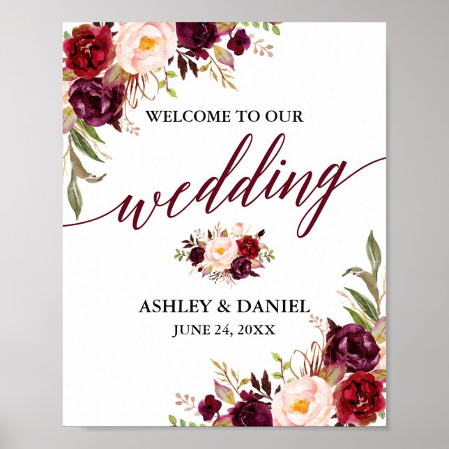 Calligraphy Floral Burgundy Wedding Willkommen Poster (Vorne)