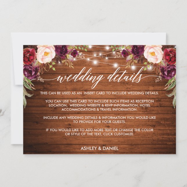 Calligraphy Floral Lights Wedding Details Card Save The Date (Vorderseite)