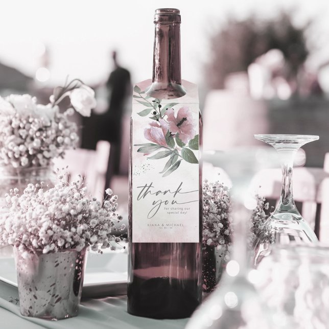 Calligraphy Floral Vielen Dank Mauve ID771 Flaschenanhänger (Wine Bottle In Situ)