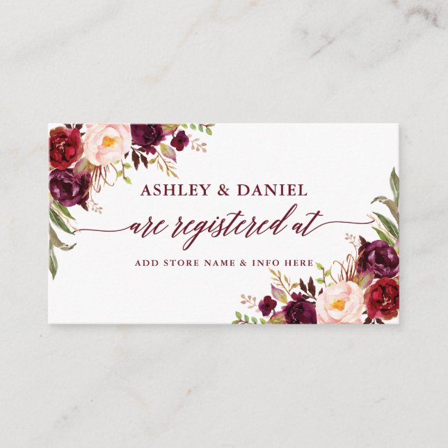 Calligraphy Floral Wedding Registry Burgundy Begleitkarte (Vorderseite)