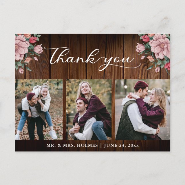 Calligraphy Floral Wedding Rustic Wood Vielen Dank Postkarte (Vorderseite)