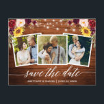 Calligraphy Floral Wood Burgundy Save the Date Postkarte<br><div class="desc">Modernes Kalligraphieskript,  rustikales Holz und Streichleuchten,  Wasserfarbe Burgundy Blütenblütenblüte Ankündigung Verlobung Paar 3 Foto Postkarte. Burgunder Rose,  Rosen,  Rote Rosen,  Sonnenblumen und botanisches Grün.</div>