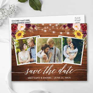 Calligraphy Floral Wood Burgundy Save the Date Postkarte
